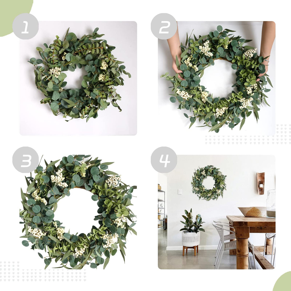 TEMPUS 20-Inch Artificial Eucalyptus Wreath Handmade Spring Summer Door Hanging, Farmhouse Wall Decor, Wedding Gift, Outdoor-Friendly Green Leaf Wreath TEMPUS