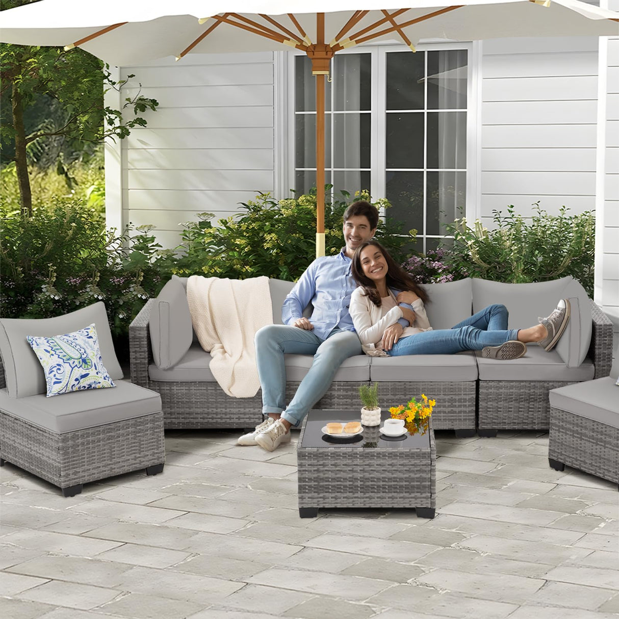 FHFO 7 Pieces Outdoor Patio Furniture Set, Wicker Sectional Sofa Set Rattan Modular Patio Conversation Sets with Cushions Couch Set & Coffee Table for Outside, Garden, Balcony, Porch, Grey FHFO