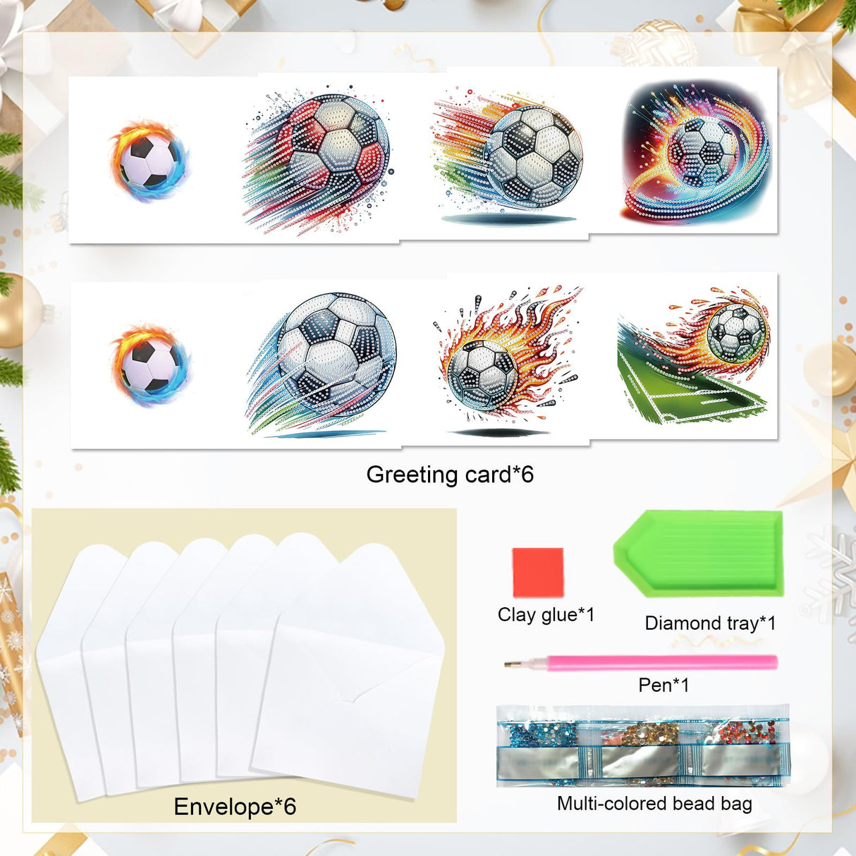 Tontut 6pcs Diamond Art Painting Kit Greeting Card, Football 5D DIY Diamond Handmade Holiday Sparkling Greeting Card with Envelope, Holiday Gift Congratulation Tontut