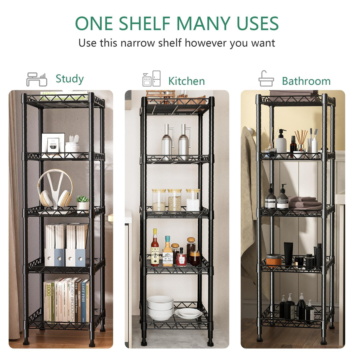 GIOTORENT 5 Tier Standing Shelving Metal Units, Adjustable Height Wire Shelf Display Rack for Laundry Bathroom Kitchen 11.8 W x 11.8 D x 50 H (5-Tier, Black) GIOTORENT