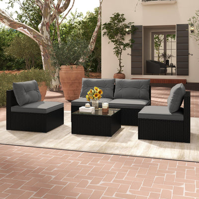 RELAX4LIFE 5-Piece Outdoor Patio Furniture Set, Rattan Sectional Sofa Set w/Glass-Top Coffee Table, Soft Seat & Back Cushions, Bistro Set for Garden Backyard Porch, Wicker Conversation Set (Grey)