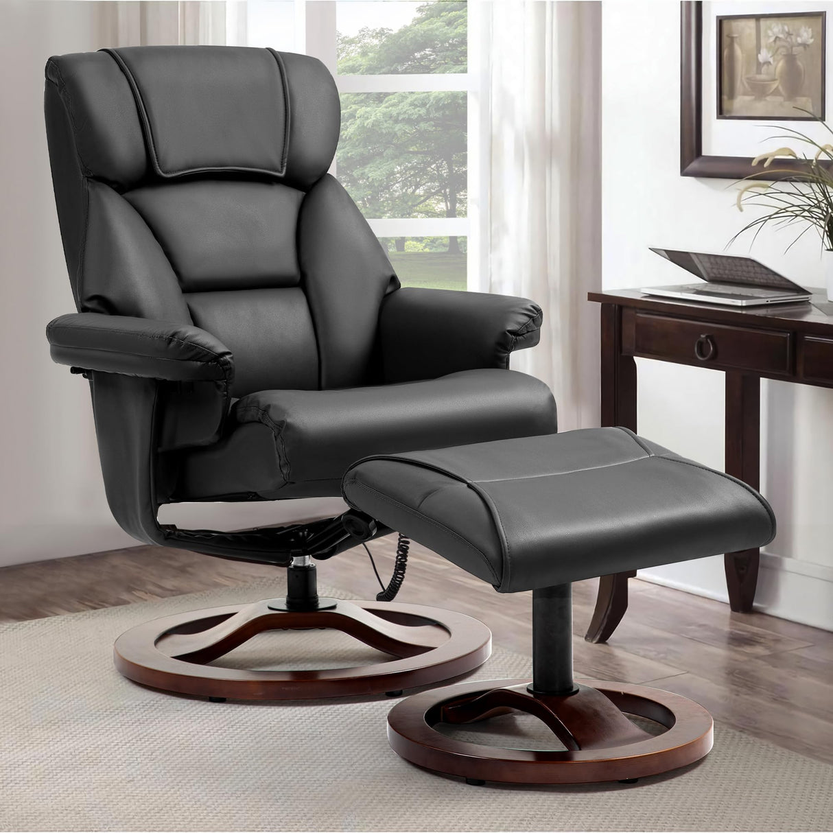 HOMHUM Swivel Recliner Chair with Ottoman, Adjustable Faux Leather Chair, Reclining Chair with Solid Wood Base, Lazy Chair with Footrest for Living Room & Bedroom, Black HOMHUM