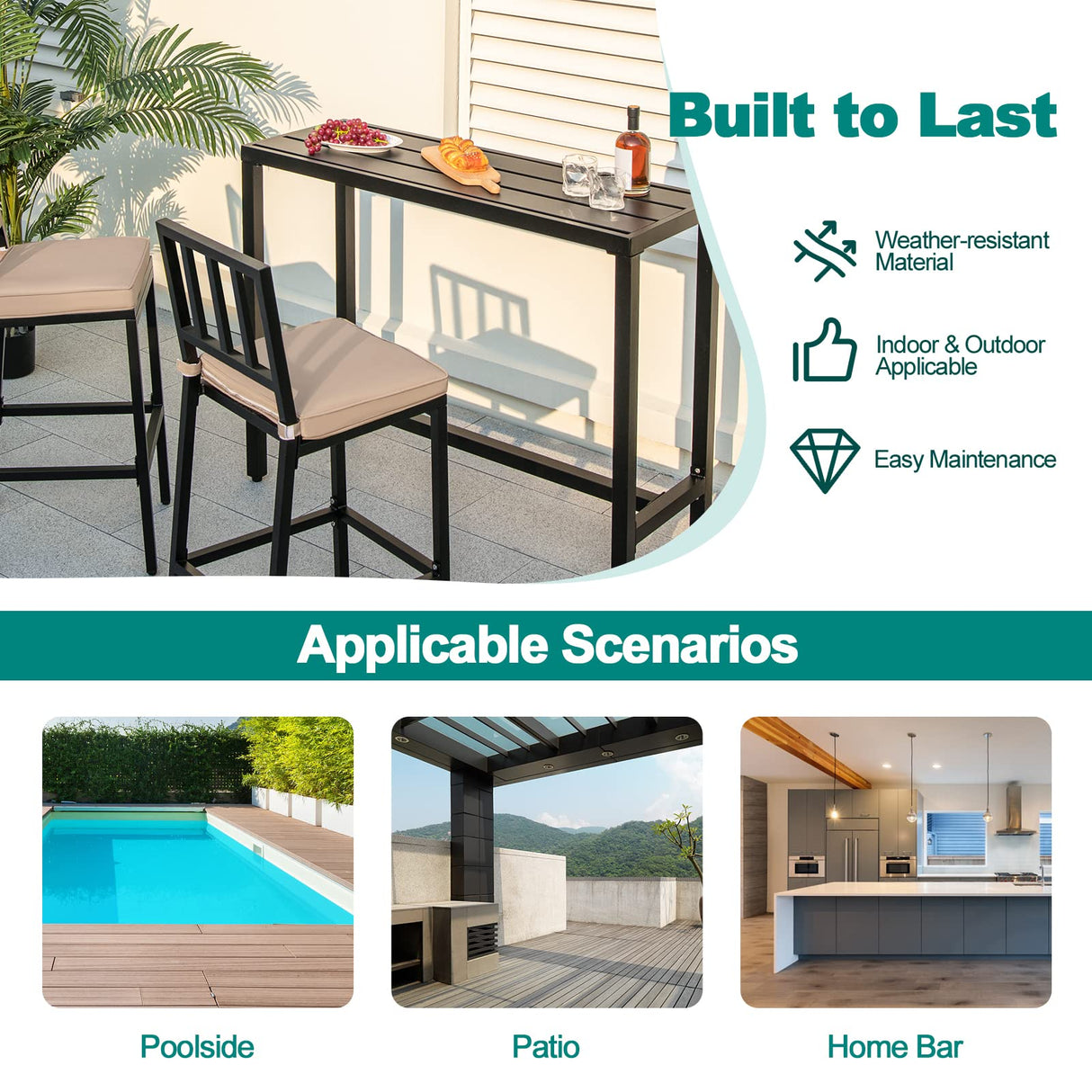 COSTWAY 3 Piece Outdoor Patio Bar Set, 48" Rectangular Pub Height High Top Bar Table with 2 Cushioned Bar Stools, Metal Bar Table and Chairs Set for Balcony, Backyard, Porch COSTWAY