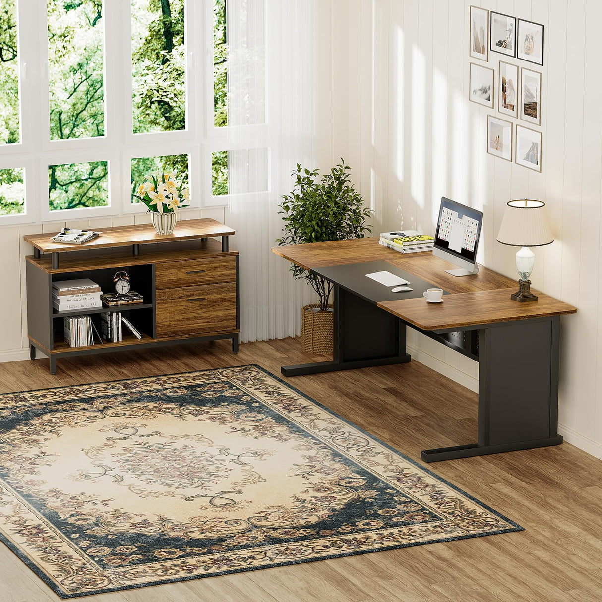 Vagaconl 63" Executive Office Desk Drawer Cabinet,L Shaped Desk with Shelves,Split Computer Desk and lateral Hanging File Cabinet,Home Office Furniture for Home Office, Rustic Brown & Black Vagaconl