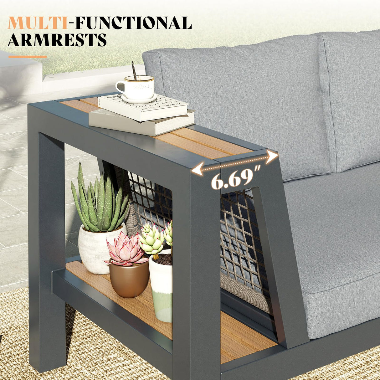 LUXOAK Outdoor Aluminum Patio Sofa, Modern 3-Seater Tool-Free Assembly Couch with Side Table Armrest, Deep Seating with Thick Cushions, Weatherproof Backyard Furniture for Porch, Balcony, Deck LUXOAK