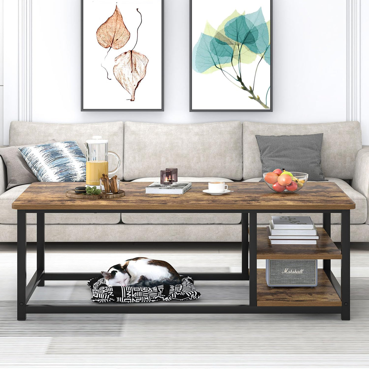 EXCEFUR Modern Coffee Table, Rustic Wood and Metal Living Room Table with Storage Shelf, Industrial Brown, 47 Inch