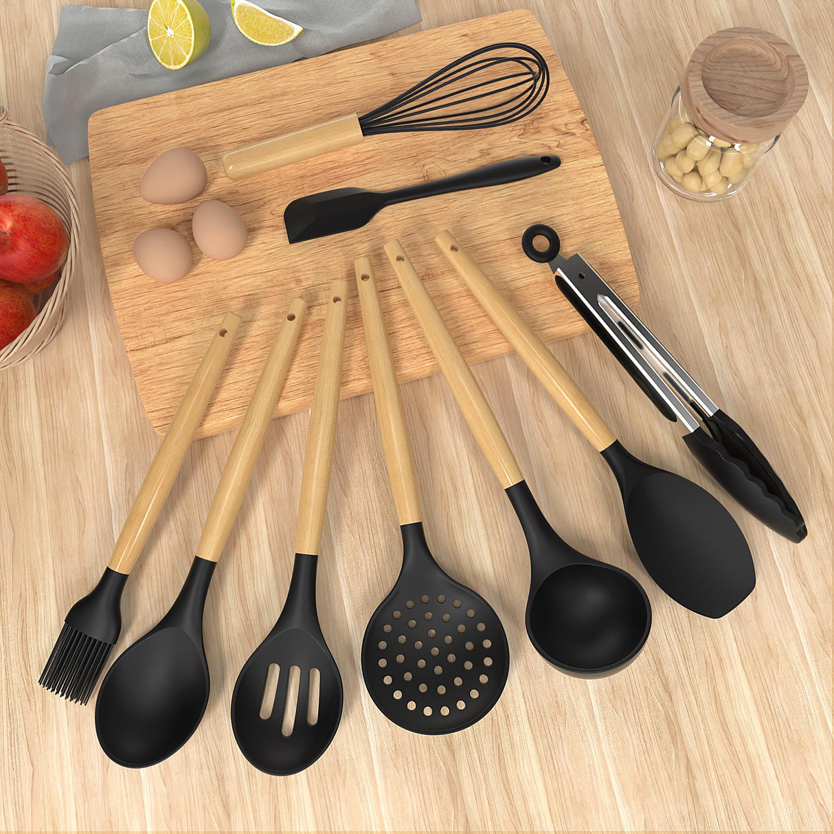 Silicone Cooking Utensils Set Utensil Sets - 446°F Heat Resistant Silicone Kitchen Utensils Set Wooden Handles, Silicone Utensils for Cooking w Holder for Non-Stick Cookware BPA FREE (Black) oannao
