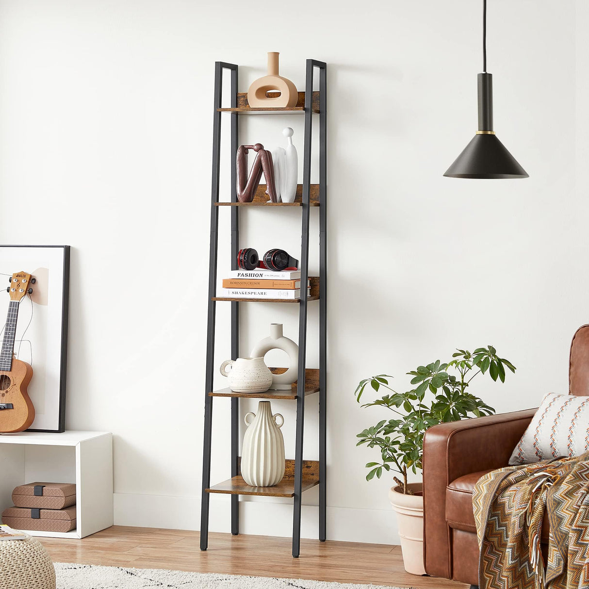 VASAGLE Bookshelf, 5-Tier Narrow Book Shelf, 11.8 x 13.3 x 66.9 Inches, Ladder Shelf for Home Office, Living Room, Bedroom, Kitchen, Rustic Brown and Ink Black ULLS109B01 VASAGLE