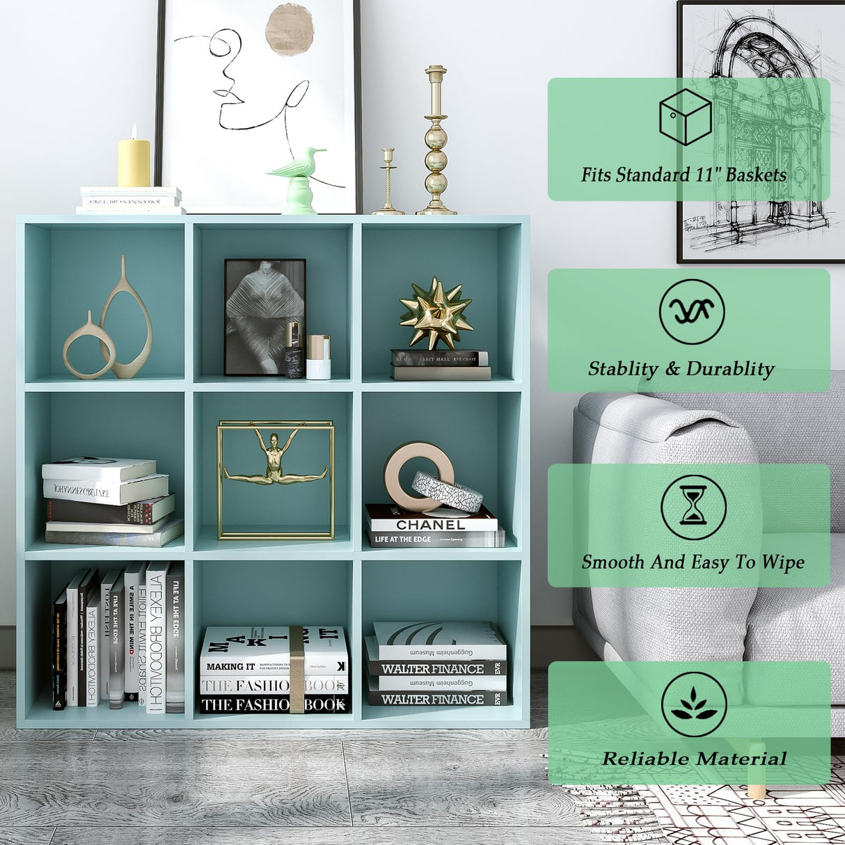 OSCHF 9-Cube Storage Shelf Bookcase - Wooden 3-Tier Floor Standing Open Bookshelf for Home and Office, Display Cabinet, Light Blue OSCHF