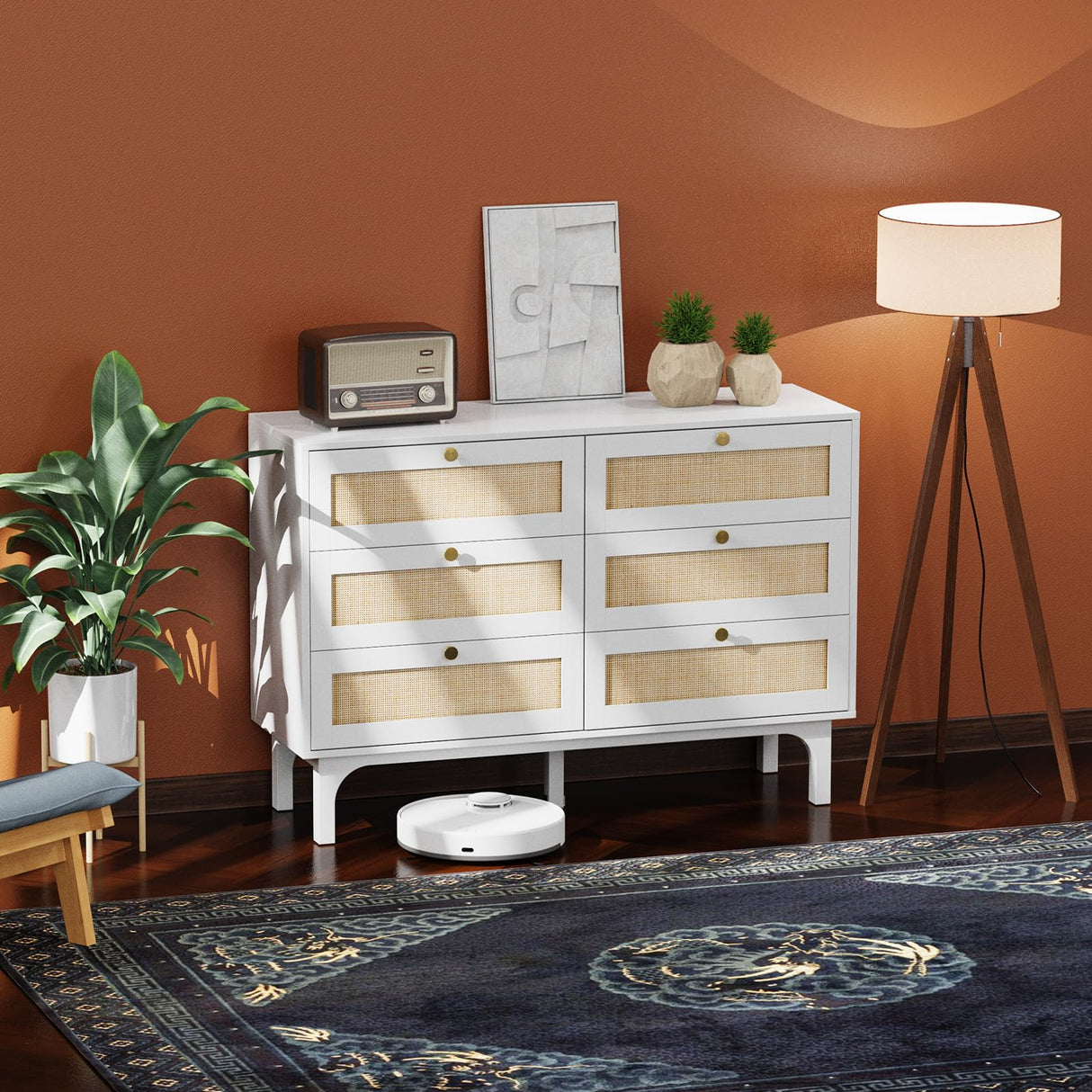 VINGLI Rattan Dresser, 6 Drawer Dresser for Bedroom, Modern Dresser with Gold Handles, Long Dresser with Large Drawers, Boho Dresser TV Stand, Wood Chest of Drawers for Kids Room, Living Room (White) VINGLI