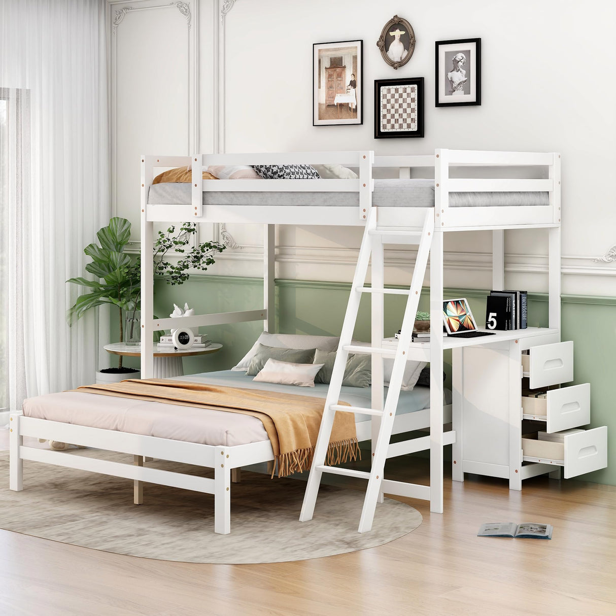 Twin Over Full Bunk Bed with Desk and 3 Storage Drawers, Solid Wood Bunk Bed Frame for Kids Teens Adults,White Bellemave