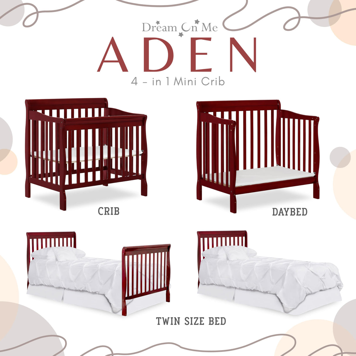 Dream On Me Aden 4-in-1 Convertible Mini Crib In Cherry, Greenguard Gold Certified, Non-Toxic Finish, New Zealand Pinewood, With 3 Mattress Height Settings Dream On Me