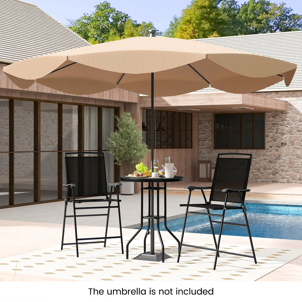 COSTWAY 3 PCS Patio Table and Chairs Set, Bistro Furniture with DPC Tabletop, Umbrella Hole, Outdoor Bar Set with Round Table and 2 Folding Counter Height Chairs for Poolside, Deck, Porch, Black COSTWAY
