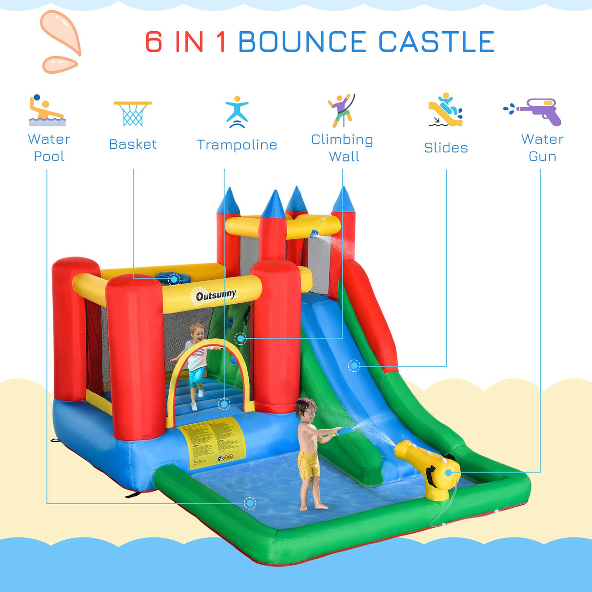 Outsunny 6-in-1 Kids Bounce House Inflatable Water Slide with Pool, Water Cannon, Climbing Wall, Inflator Included, Jumping Castle Kids Backyard Activity Outdoor Water Play Toy Outsunny