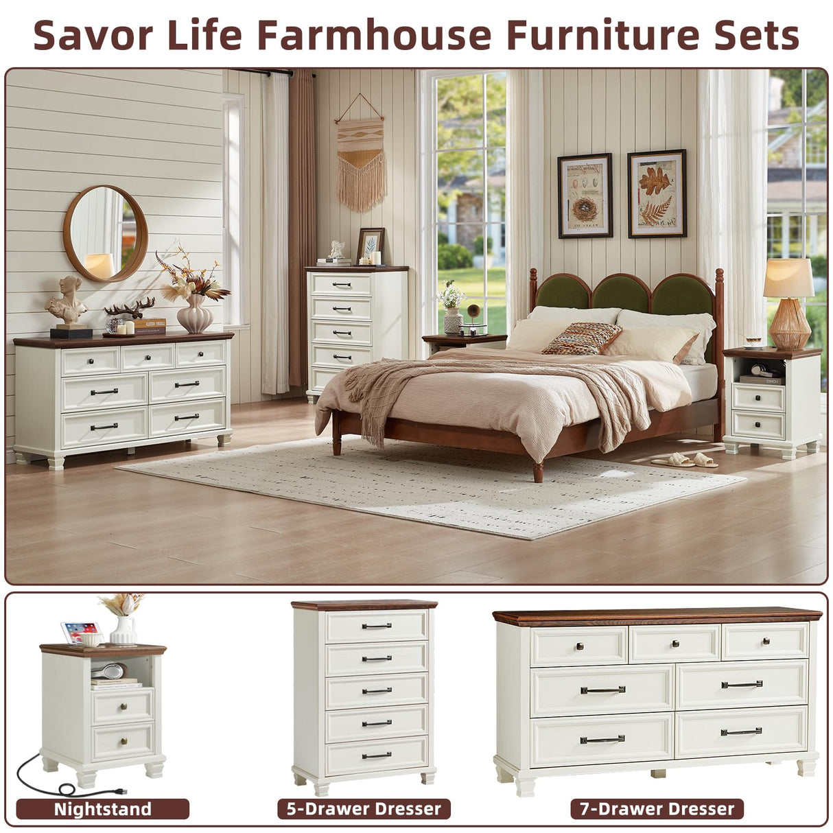 SAVOR LIFE Farmhouse 5 Drawer Dresser for Bedroom, 45” Tall Dresser for Closet, Rustic Wooden Chests of Drawer for Bedroom, Hallway, Entryway, White SAVOR LIFE