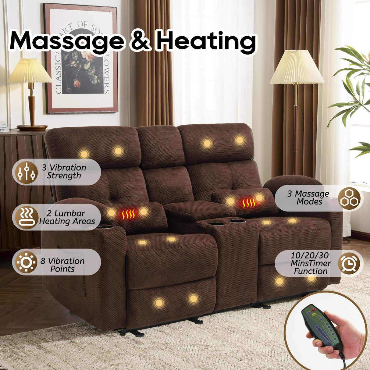 Home Theater Seating Loveseat Recliner Sofa, Power Reclining Couch with Massage & Heat, USB Charging Port, 2 Lumbar Support Pillows, Center Console, Cup Holder, Side Pocket, for RVs, Movie Room P.H.Furn