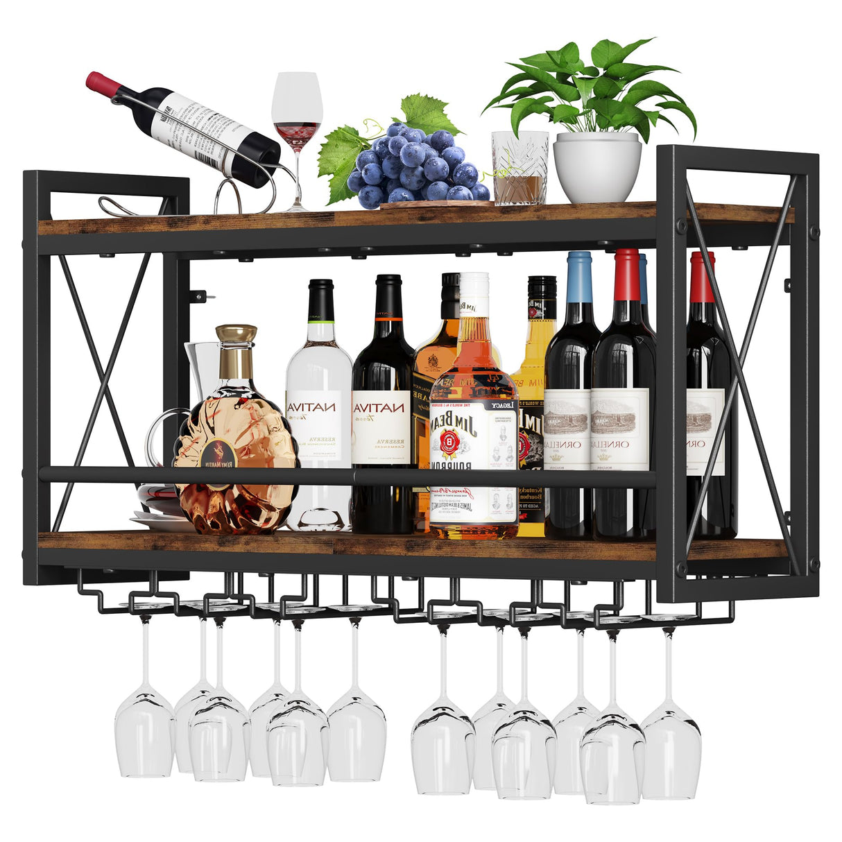 Homeiju Wall Mounted Wine Rack, Bottle & Glass Holder Wood-Metal Retro Wine Rack, Wine Bottles Display Wall Storage for Kitchen Dining Room Home Bar Homeiju