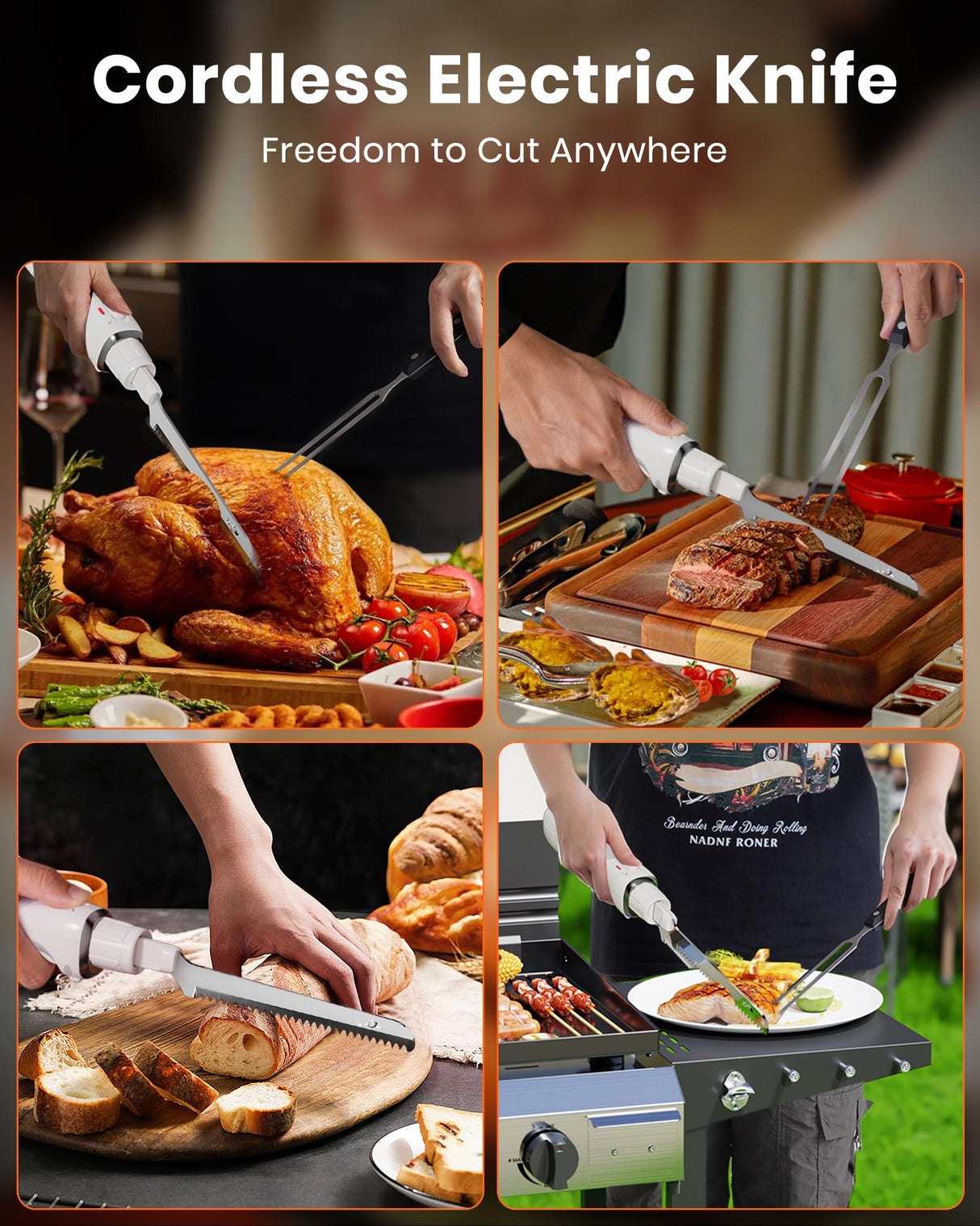 LAUDLIFE Electric Knife, Cordless Cutting Knife, Ergonomic Design with Comfortable Contoured Grip Rechargeable Easy-Slice Electric Carving Blade for Meat Slicing, Bread, Fillet, Turkey, White LAUDLIFE