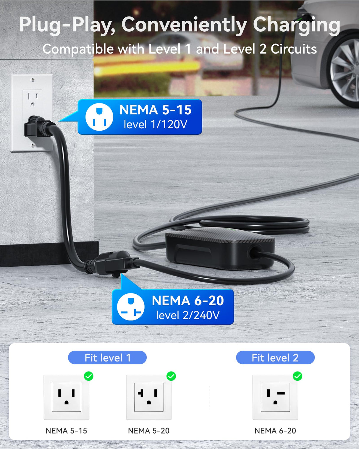 Carbon Fiber Level 1+2 EV Charger (16Amp, 110V-240V, 25ft Cable) Portable Fast Charger with Holder, NEMA 6-20P, Works with All J1772 EV and Hybrid Vehicles, for Home and Outdoor, Black, Ecogenix EC23 Ecogenix