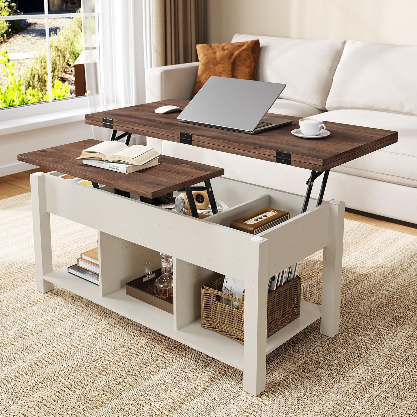 UPOSOJA Lift Top Coffee Table for Living Room, 4 in 1 Coffee Table with Storage, Modern Farmhouse Wood Coffee Tables with Hidden Compartments and Open Shelf (Old White)
