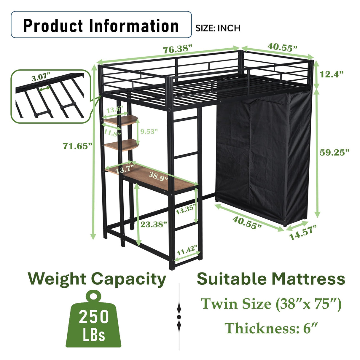 PVWIIK Twin Size Loft Bed with Desk and Bookcase for Kids Adults,Loft Bed with USB Ports and Shelves for Dorm,Bedroom,Guest Room, Noise Free No Box Spring Needed,Black PVWIIK