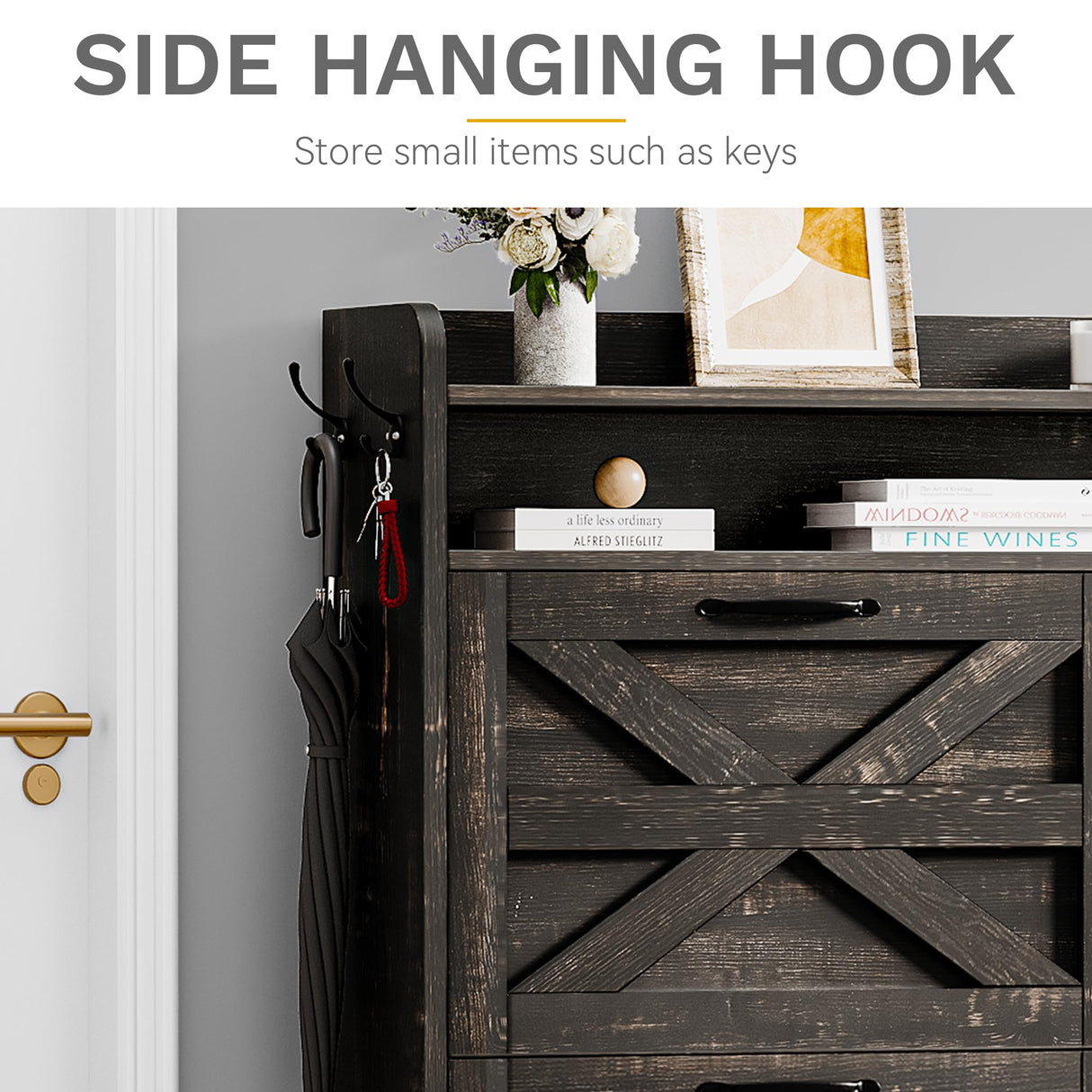 DWVO Farmhouse Shoe Cabinet for Entryway, 4 Flip Drawers for 24 Pairs, Narrow Slim Shoe Organizer with Metal Legs for Hallyway, Living Room (Dark Rustic Oak) DWVO