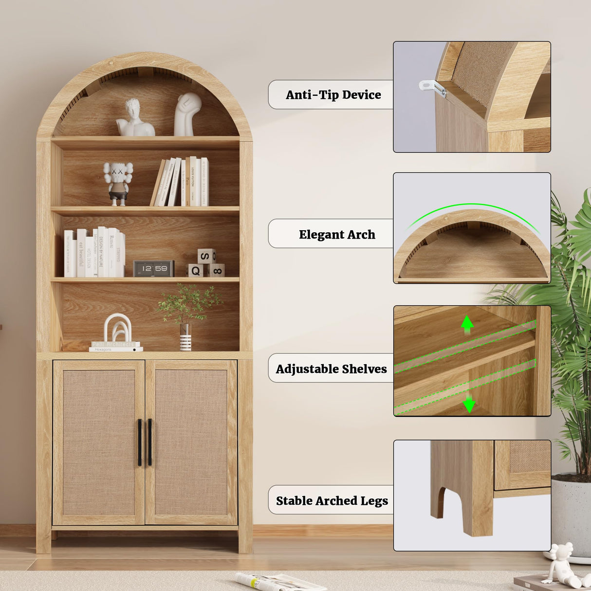 Janmer Home 71" Tall Arched Bookcase with Storage, Mid-Century Modern 6-Tier Curved Cabinet with Door, Arched Bookshelf Cabinet with Open Display Storage Shelf for Office Living Room (Natural) Janmer Home