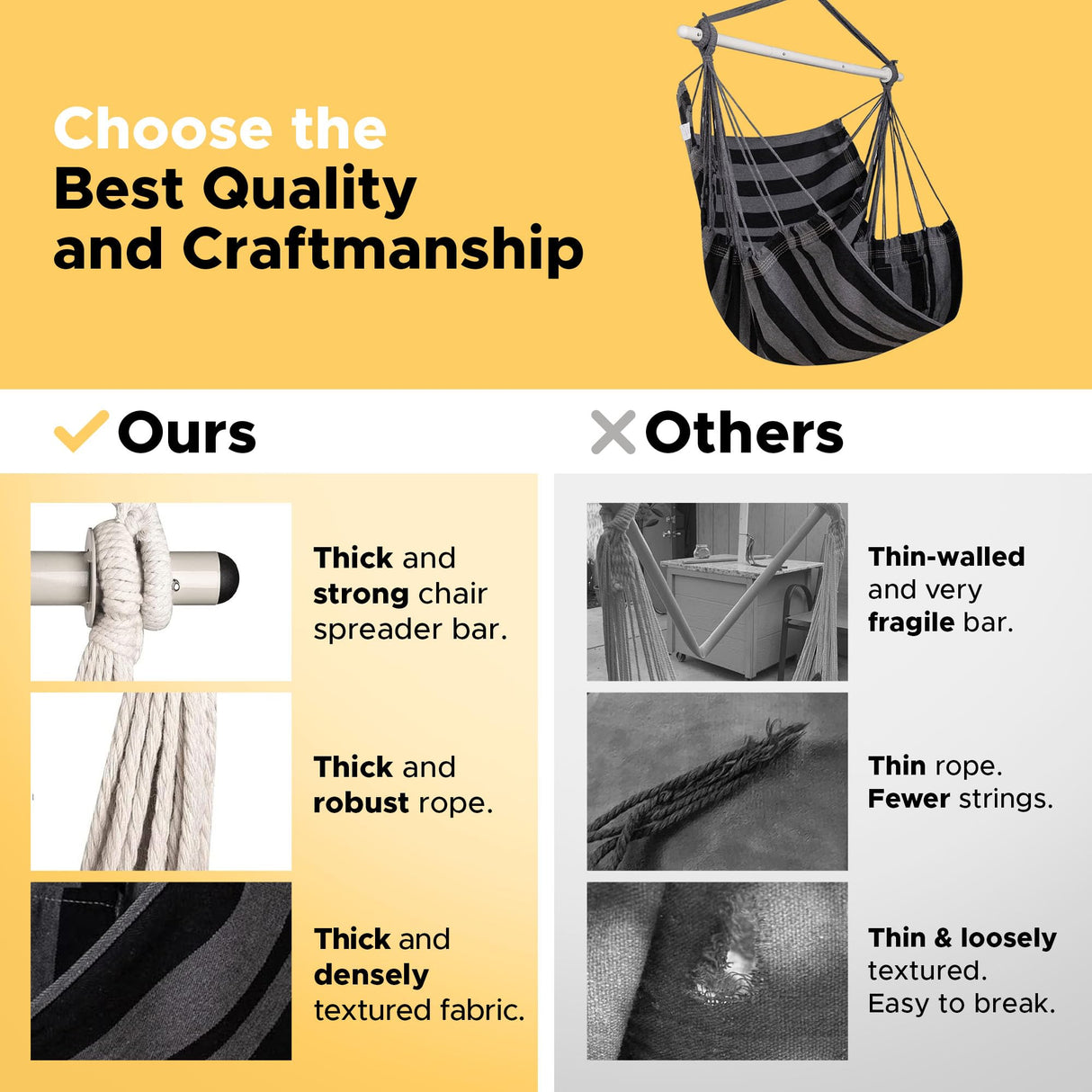 ADVOKAIR Hammock Chair Swing (500 lbs Max) - Hanging Hammock Chair Rope Swing Indoor for Bedroom, Outdoor, Patio, Bedroom, Porch, Deck - Sturdy Steel Bar with Anti-Slip Safety Rings ADVOKAIR