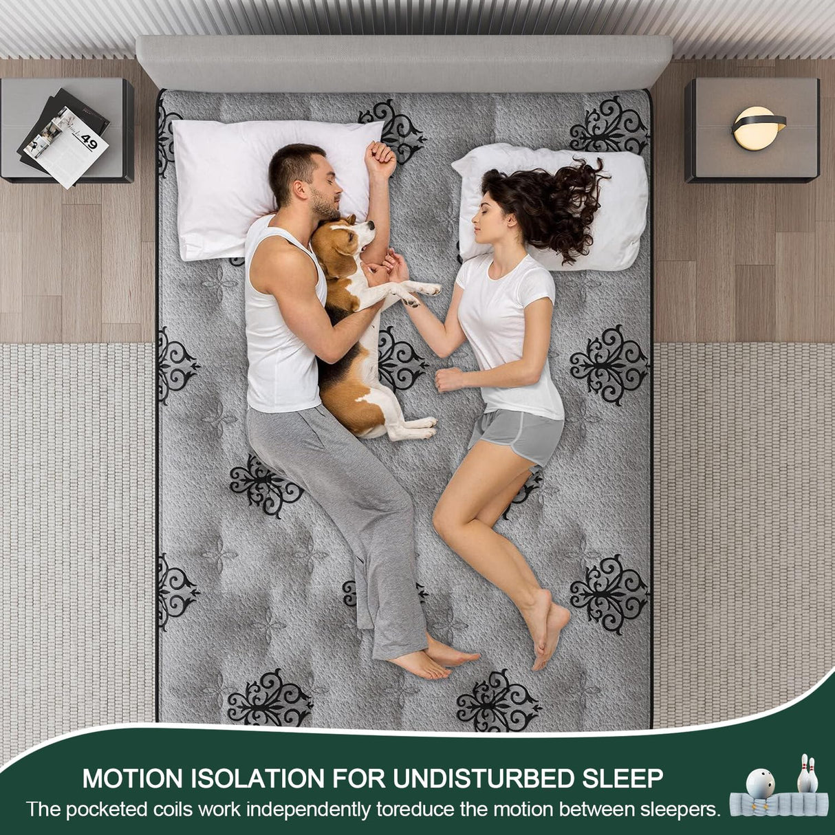 VISCOUNTESS Queen Mattress, 14 Inches Hybrid Mattress Bed in a Box with Gel Memory Foam & Pocket Spring, Euro Top, Medium Firm for Back Support & Pressure Relief, Motion Isolation, Grey VISCOUNTESS