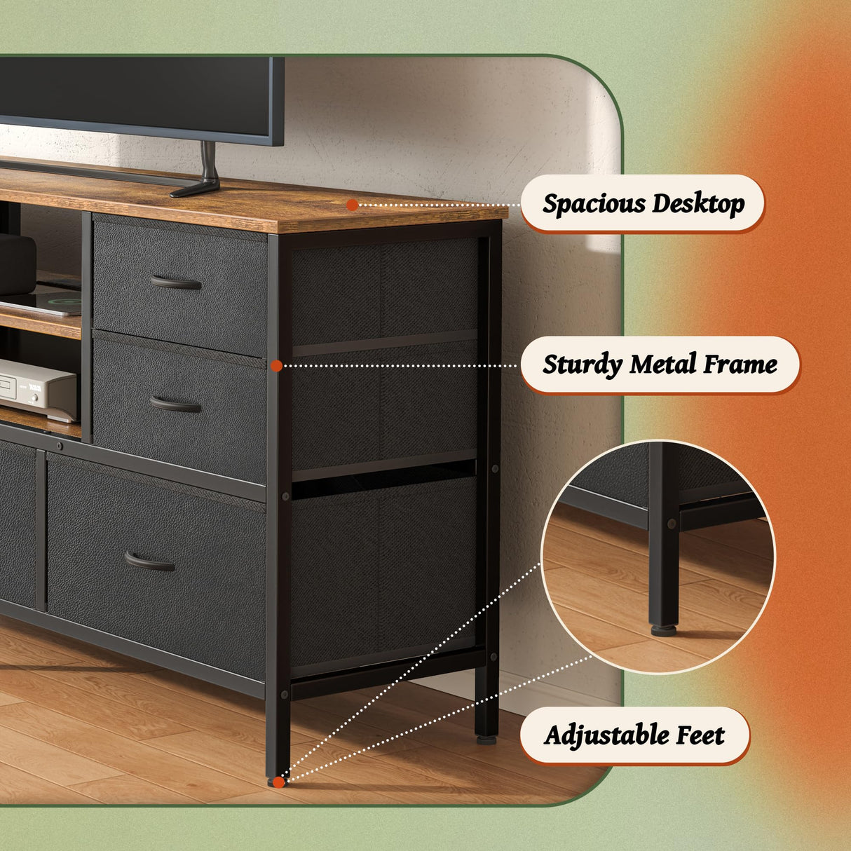 Huuger TV Stand Dresser with Power Outlets and LED Lights, 7 Drawers Entertainment Center for 60 Inch TV, TV Console with Open Shelf, 55 Inches Wide Fabric Dresser, PU Leather, Rustic Brown and Black Huuger