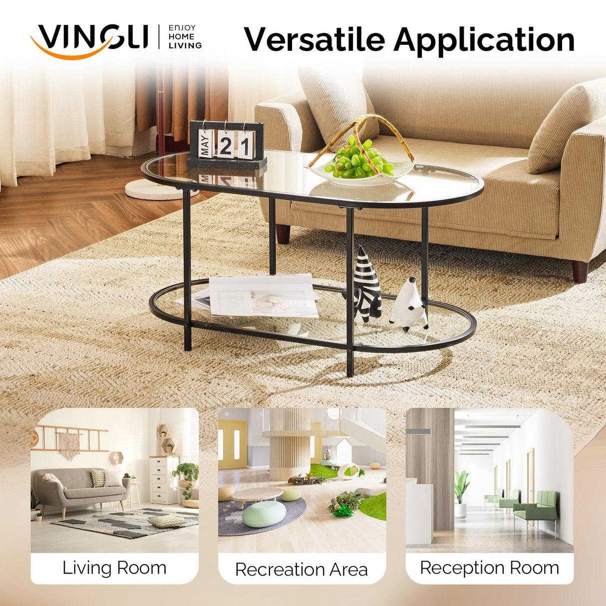 VINGLI Glass Coffee Table, 38" Oval Coffe Table for Home Decor, Modern Tea Table with 2-Tier Storage, Skinny Coffee Tables for Living Room, Office, Small Space, Black VINGLI