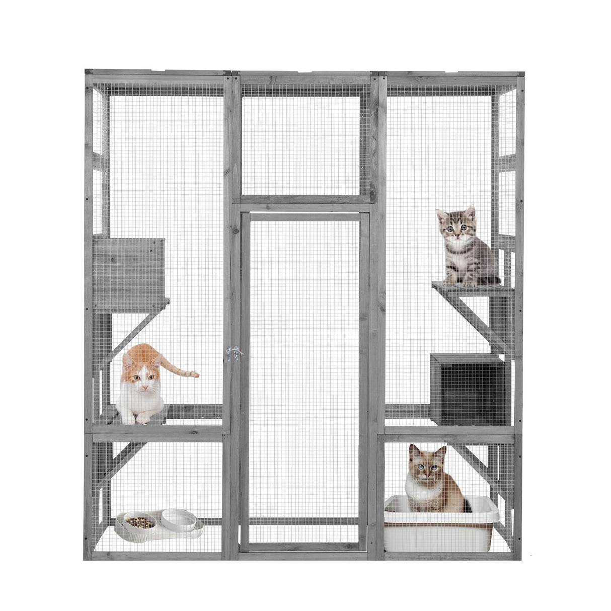 ISDAY Extra Large Outdoor Cat House Wooden Cat Cage Waterproof Roof Catio Outdoor Cat Enclosure - Cat Play & Run Enclosures Cat Playpen Window Cats Crate with 7 Platform and 2 Resting Box (Gray) Generic