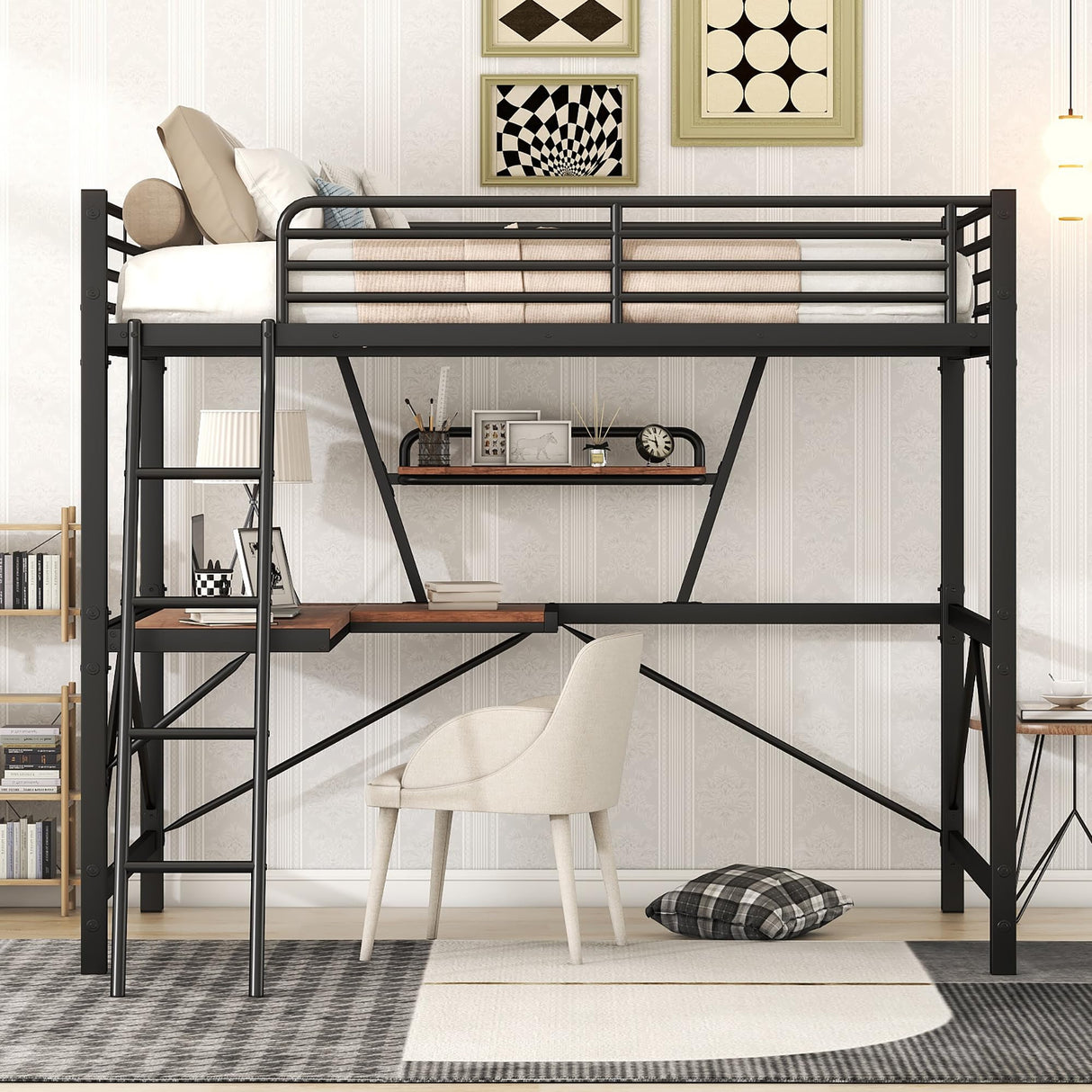 Full Size Loft Bed with Desk and Storage Shelf, Full Size Loft Bed Frame with Guardrail and Ladder, Heavy Duty Loft Beds for Kids, Teens, Black Bellemave