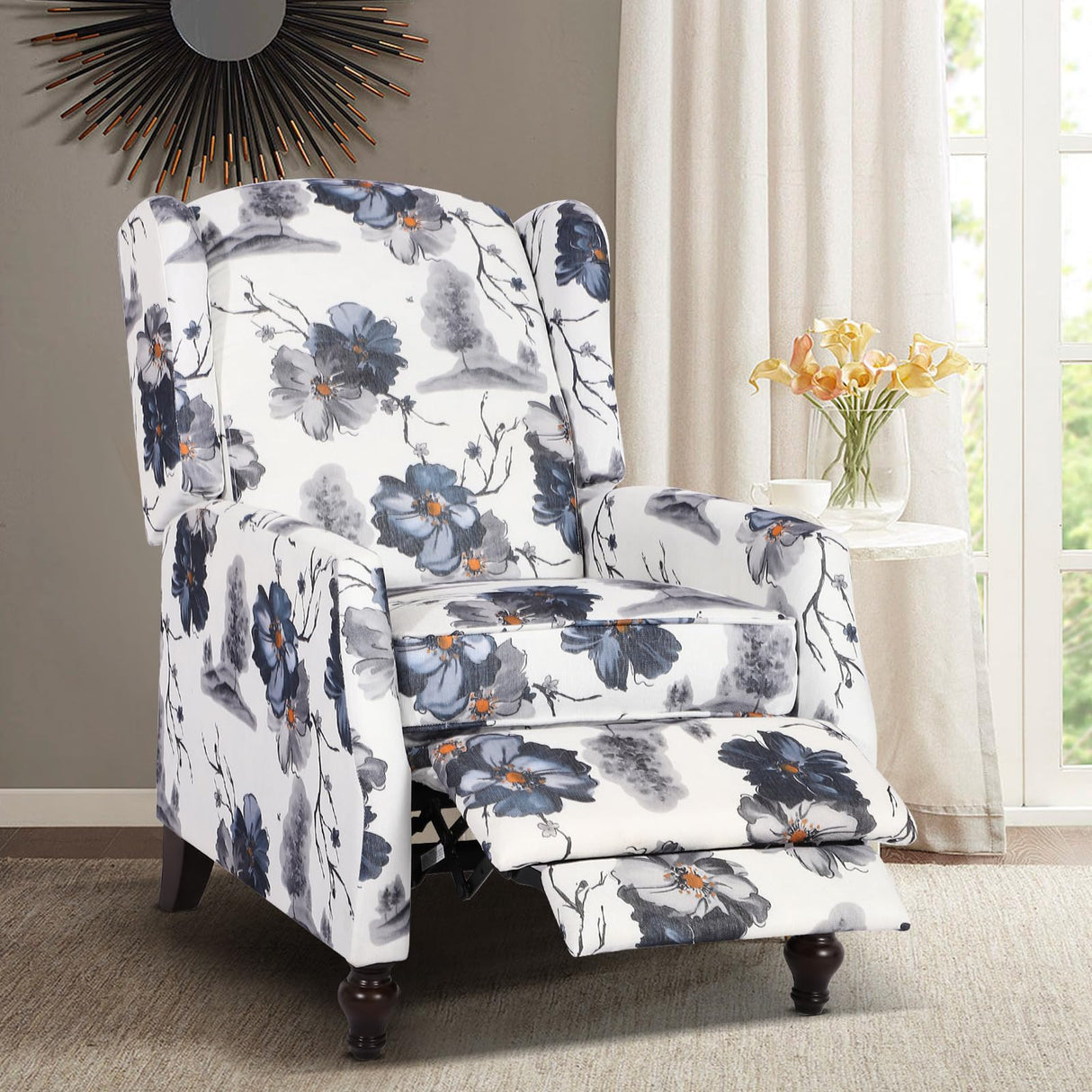 B BAIJIAWEI Wingback Recliner Chair - Tufted Arm Chair Recliner - Fabric Push Back Single Sofa for Living Room Adjustable Backrest (Single, Blue Floral) B BAIJIAWEI