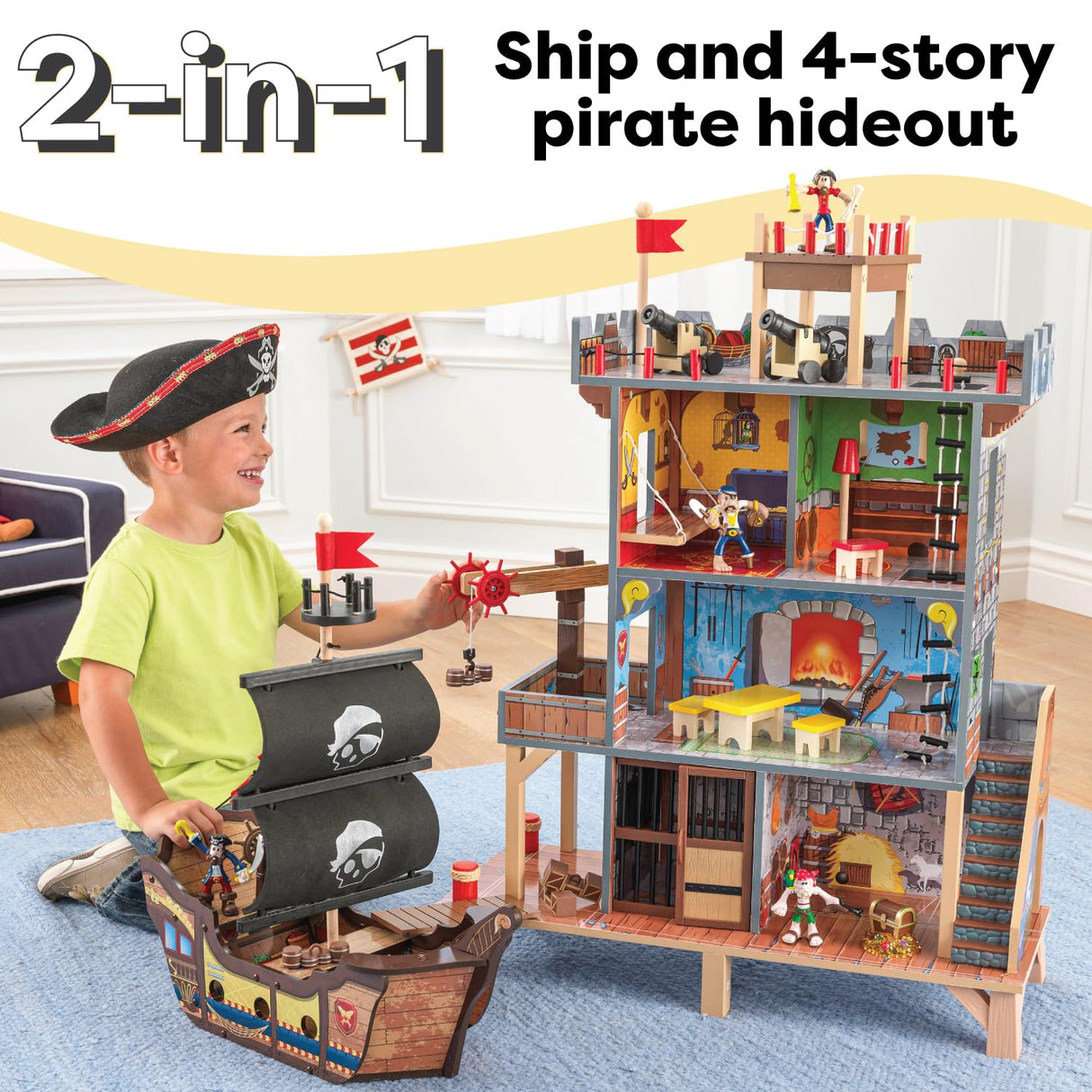 KidKraft Pirate's Cove Wooden Ship Play Set with Lights and Sounds, Pirates and 17-Piece Accessories, Gift for Ages 3+ KidKraft