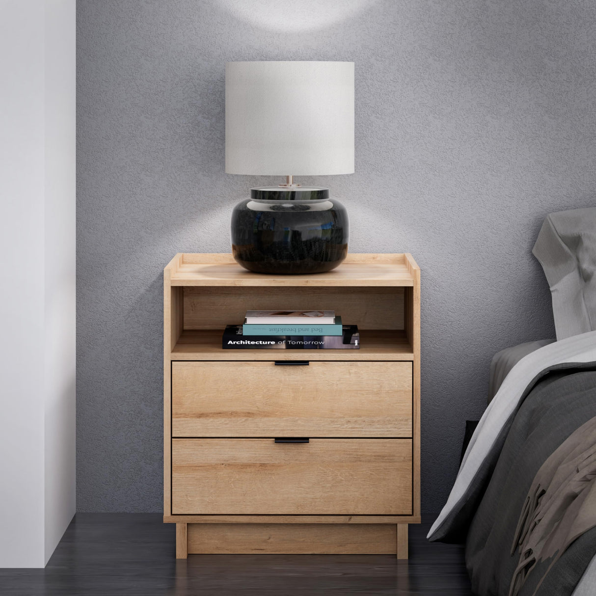 Prepac Simply Modern Nightstand Bedside Table, Natural Oak Nightstand for Bedroom, End Table with 2 Drawers and Open Shelf 23.75" W x 26.75" H x 16" D Prepac