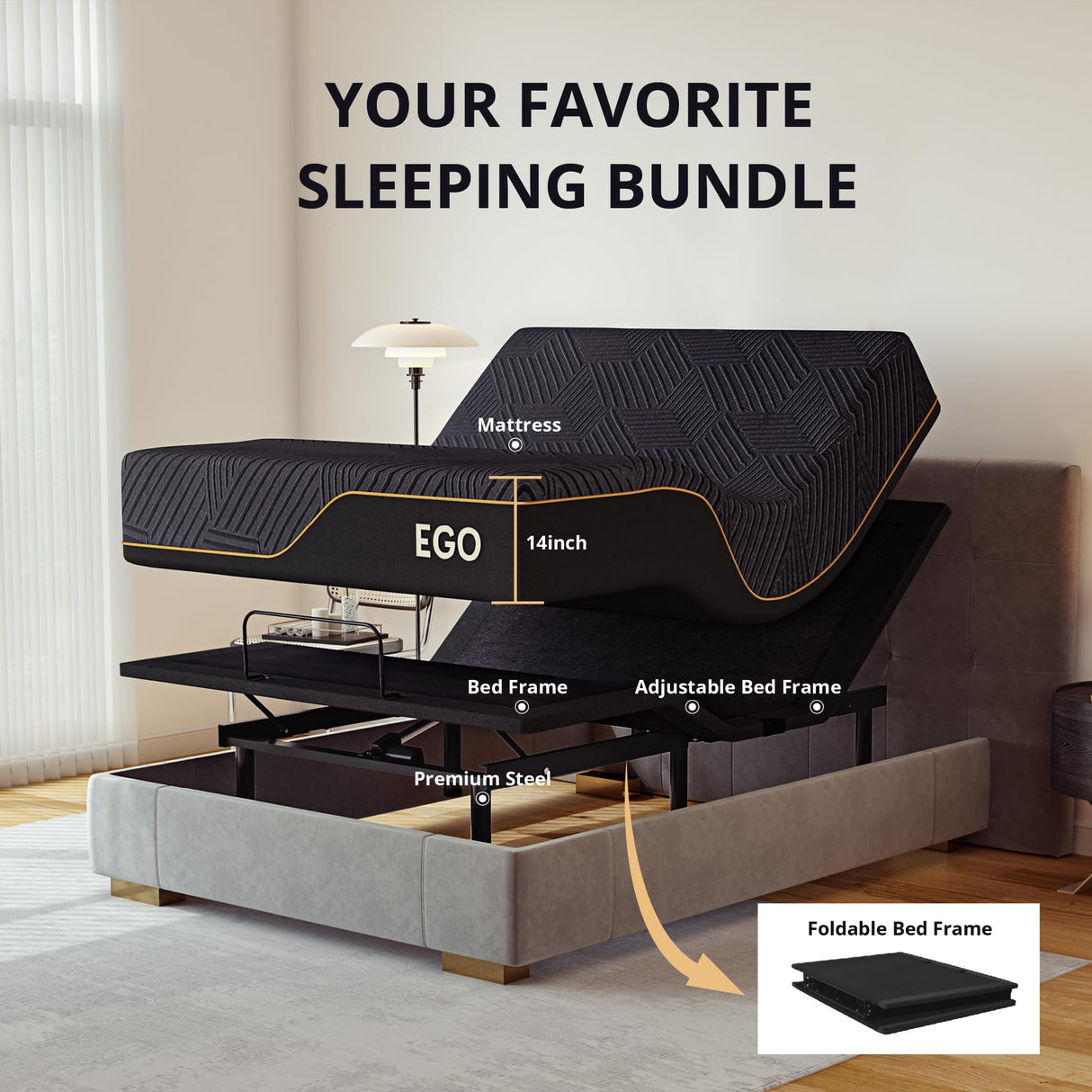 EGOHOME Split King Adjustable Bed Frame and 14 inch Memory Foam Mattress, Wireless Remote Adjustable Bed Base with 12" Metal Legs and Head and Foot Incline, Zero Gravity, Easy Assembly MLILY