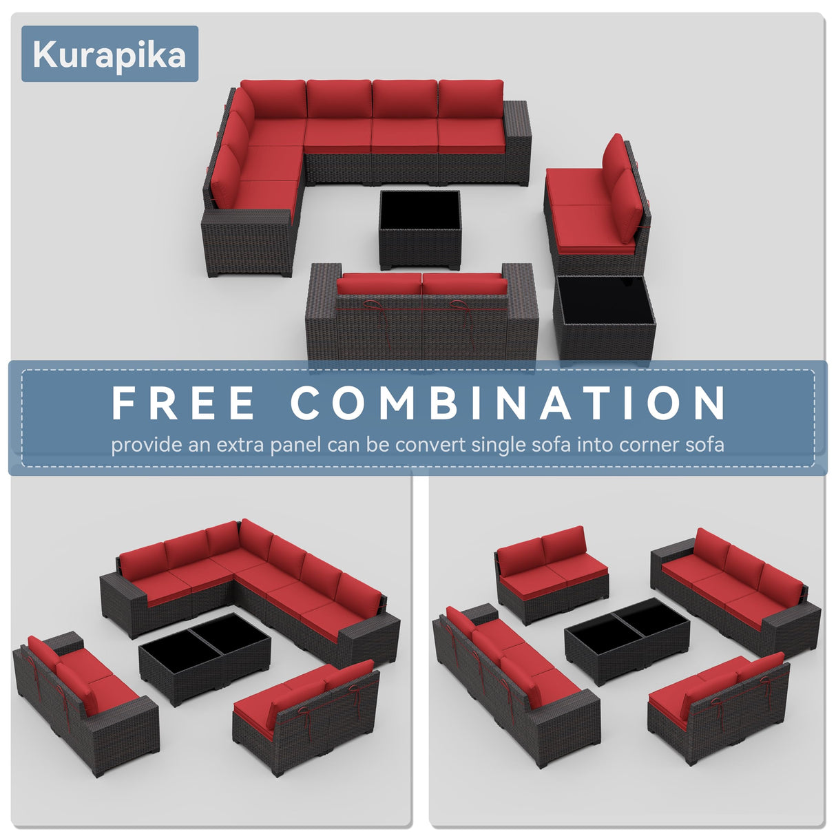 Kurapika 12 Pieces Patio Furniture Set, Rattan Wicker Outdoor Conversation Sets, Outdoor Furniture Sectional Sofa Set w/4 Inch Cushion and Glass Coffee Table(Red) Kurapika