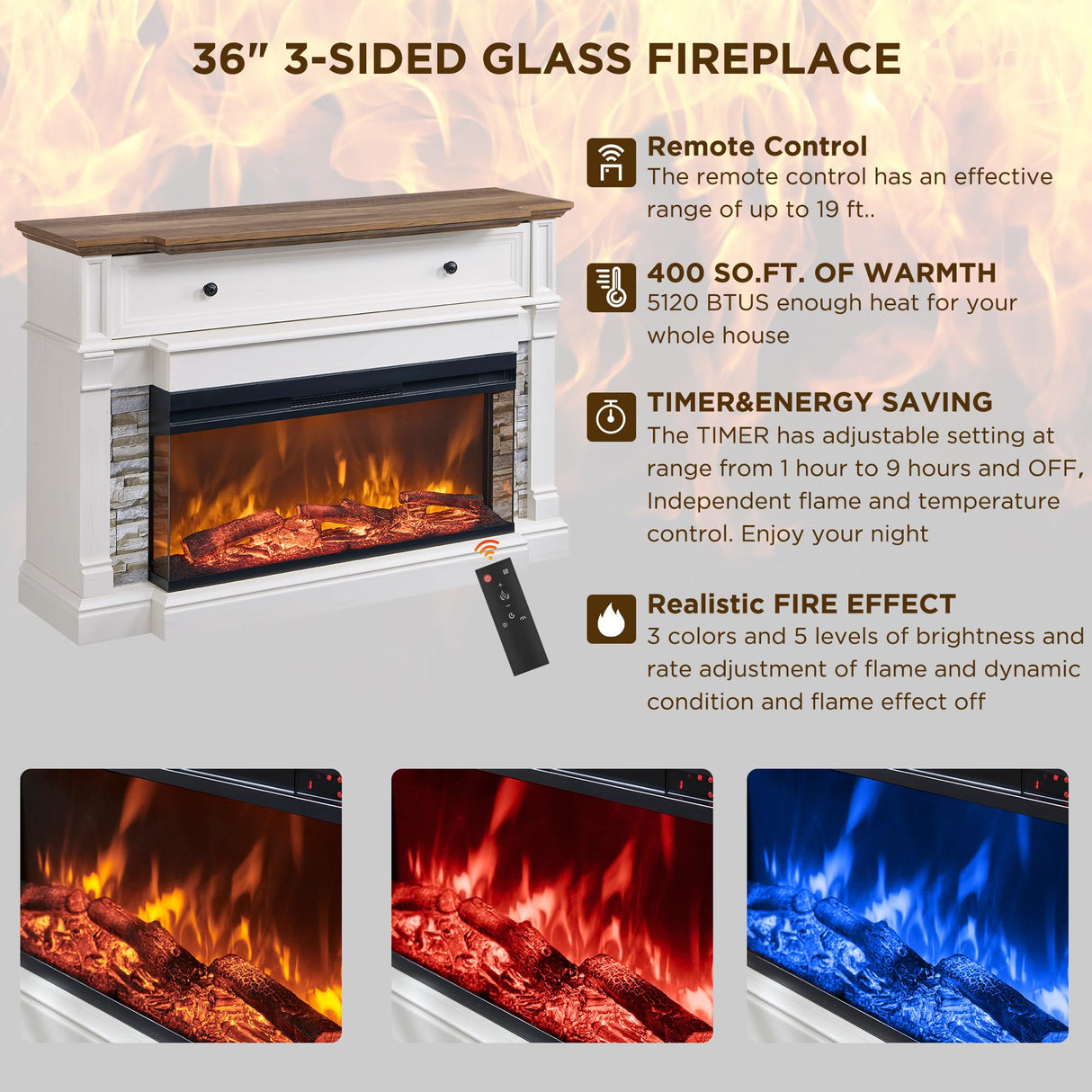 RedLemon 3-Sided Glass Fireplace TV Stand for TVs up to 65'', 52'' Electric Fireplace with Mantel, 36'' Tall Highboy Farmhouse Entertainment Center with Storage for Living Room, Antique White RedLemon