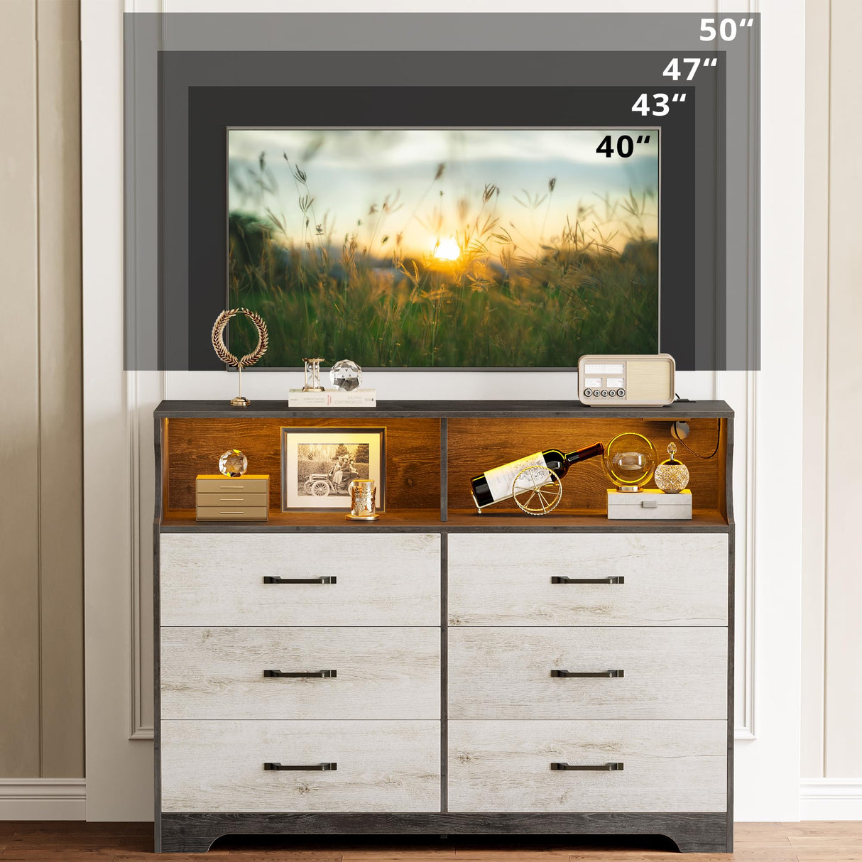 LIKIMIO 6 Drawer Dressers & Chests of Drawers for Bedroom, LED & USB Charging Modern Long Storage Cabinet, Mid-Century Tall Farmhouse Organizer Closet, Living Room Chest, Hallway, Rustic Wood LIKIMIO