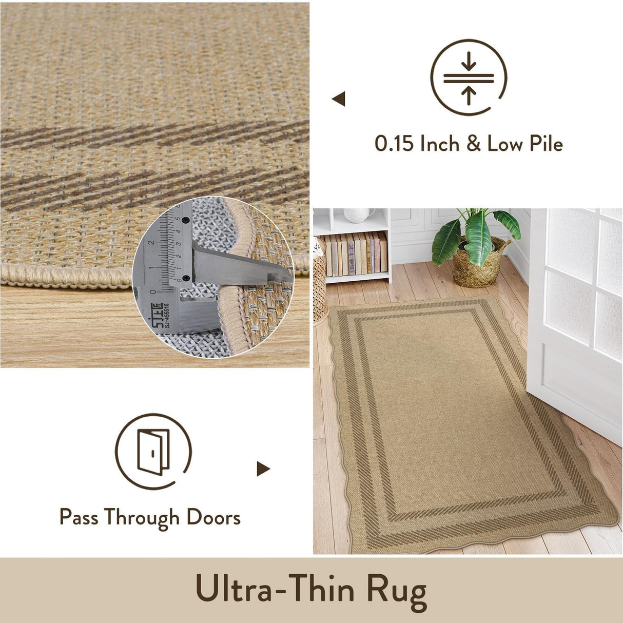 LIVEBOX Scalloped Easy Jute 3x5 Outdoor Rug, Washable Non-Slip Geometri Tan Rugs for Entryway, Indoor Outdoor Farmhouse Rug Morden Carpet Door Mat Area Rug for Bedroom Living Room Kitchen LIVEBOX