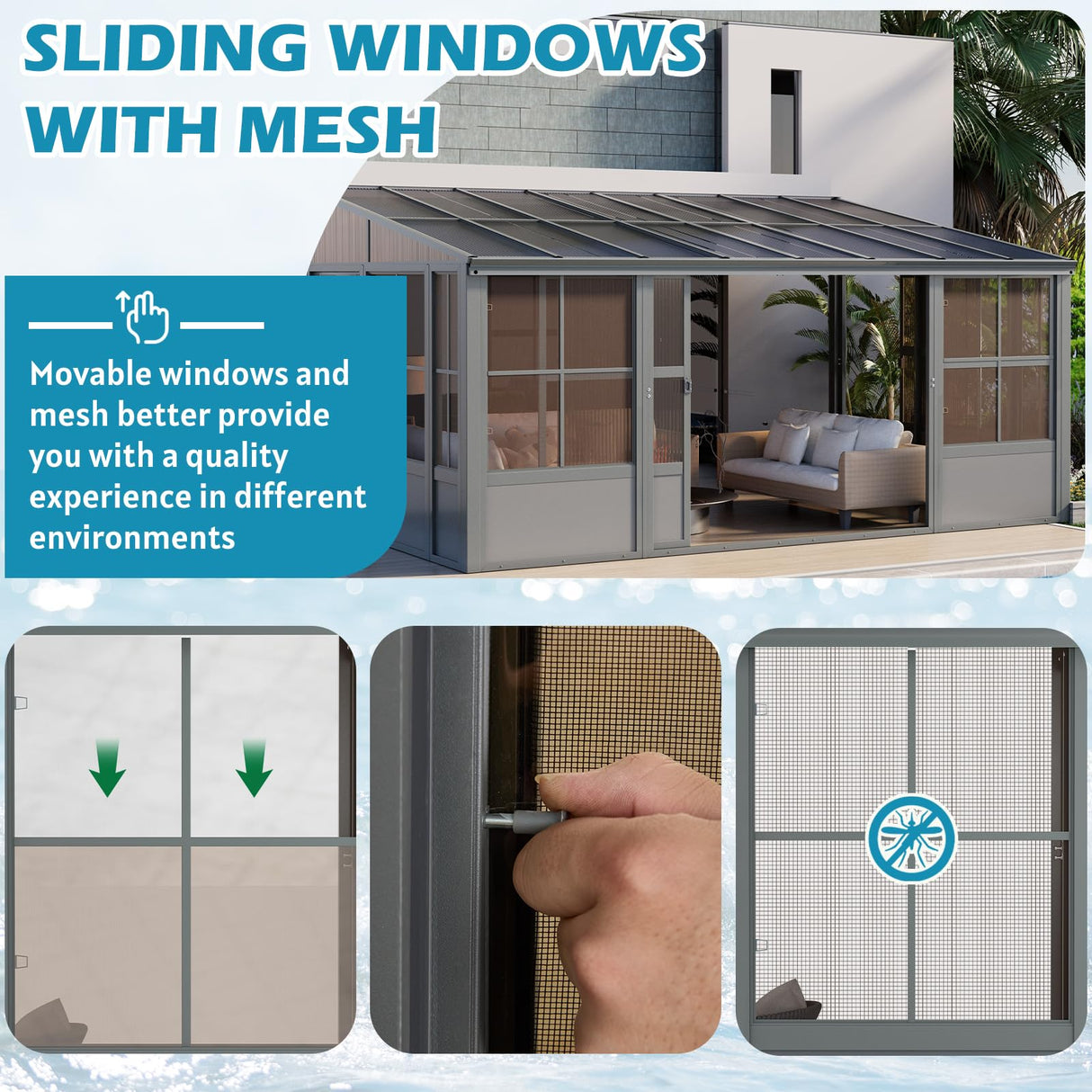 EROMMY 10' x 16' Sunroom, Wall Mounted Gazebo Solarium with Aluminum Frame, Polycarbonate Roof, Permanent Sun Room with Sliding Doors, Lockable PC Screen Walls, Lean to Gazebo for Garden, Patio, Grey EROMMY