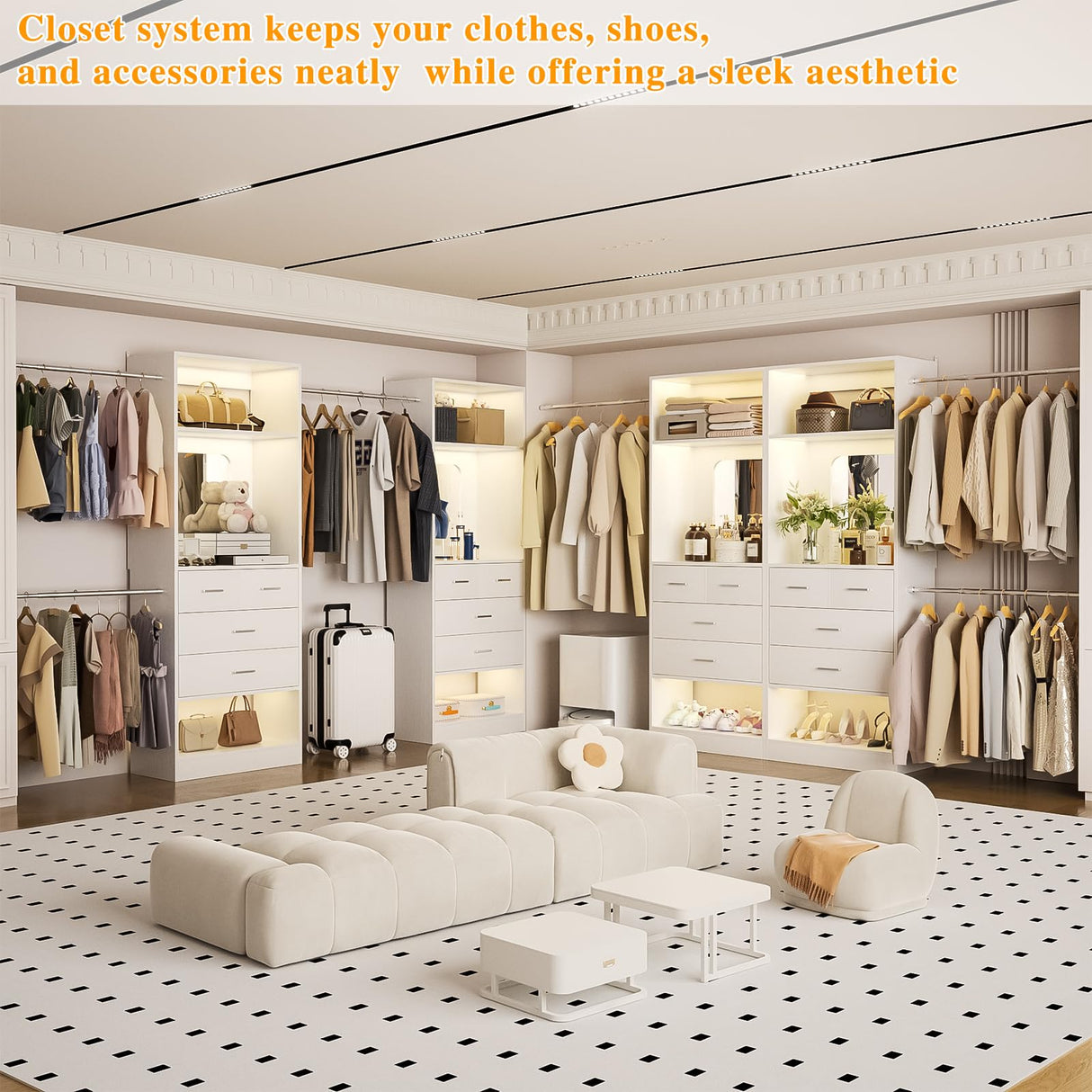 Unikito Closet Systems, 6-14FT Walk in Closet Organizer with 8 Drawers and Mirror, 168" Large Wood Closets Insert with Tower, Sturdy Wardrobe Closets Garment Rack with Extendable Hanging Rods, White Unikito