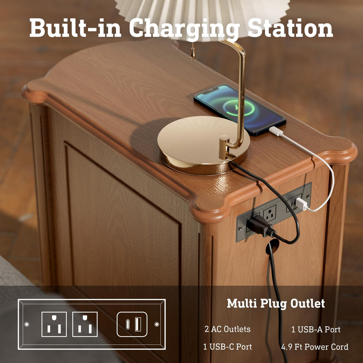 STO'SENSE Nightstand w/Charging Station & 3 Drawers, Pre-Assembled, Vintage Side Table w/Antique-Finished Pulls, Rustic Wood Finish, Narrow End Table w/Turned Legs for Bedroom (1, Brown) STO'SENSE