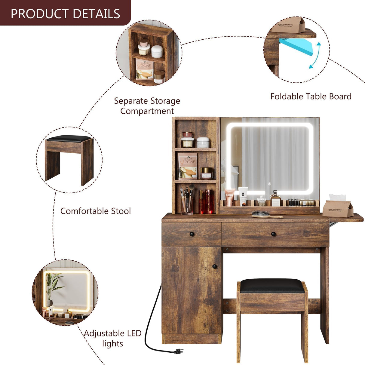 GarveeHome Makeup Vanity Desk with Mirror and Lights, Vanity Table Set with Drawer & Power Outlet & Storage Chair & 3 Shelves, Bedroom, Brown GarveeHome
