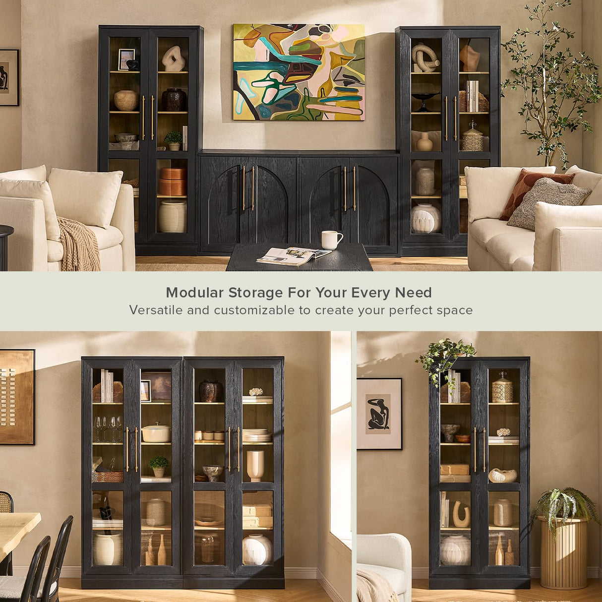 mopio Blake Tall Display Cabinet, Kitchen Buffet Pantry Cupboard, Trophy Display Case, Storage Cabinet Scratch Resistant Acrylic, Modern Farmhouse Curio Organizer (Black Oak Acrylic, Set of 2) mopio