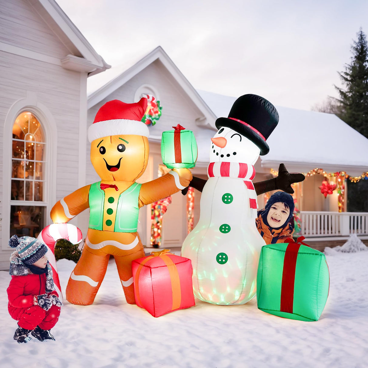 COOLWUFAN 6 FT Christmas Decorations Outdoor Inflatables Gingerbread Man Snowman Blow Up Yard Decor, Outdoor Inflatables Decorations with Rotating LED Light for Garden Patio Lawn Holiday Party Xmas COOLWUFAN