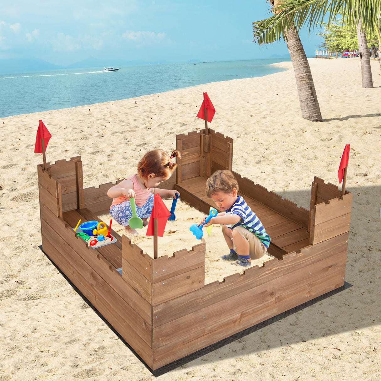 Costzon Kids Sandbox, Cedar Wood 45" x 45" Sand Pit w/Built-in Bench Seats, Storage Boxes, Flags & Protective Bottom Liner, Outdoor Sand Box for Kids Age 3+ for Backyard Garden Beach Costzon