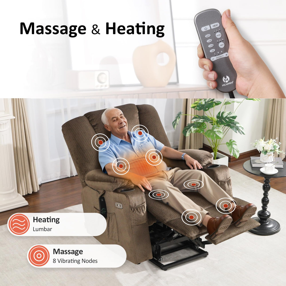 MCombo Oversized Power Lift Recliner Chair Sofa with Massage and Heat for Elderly People Petite, USB Ports, Side Pockets, Fabric R7561 (Brown, Small-Oversize) MCombo