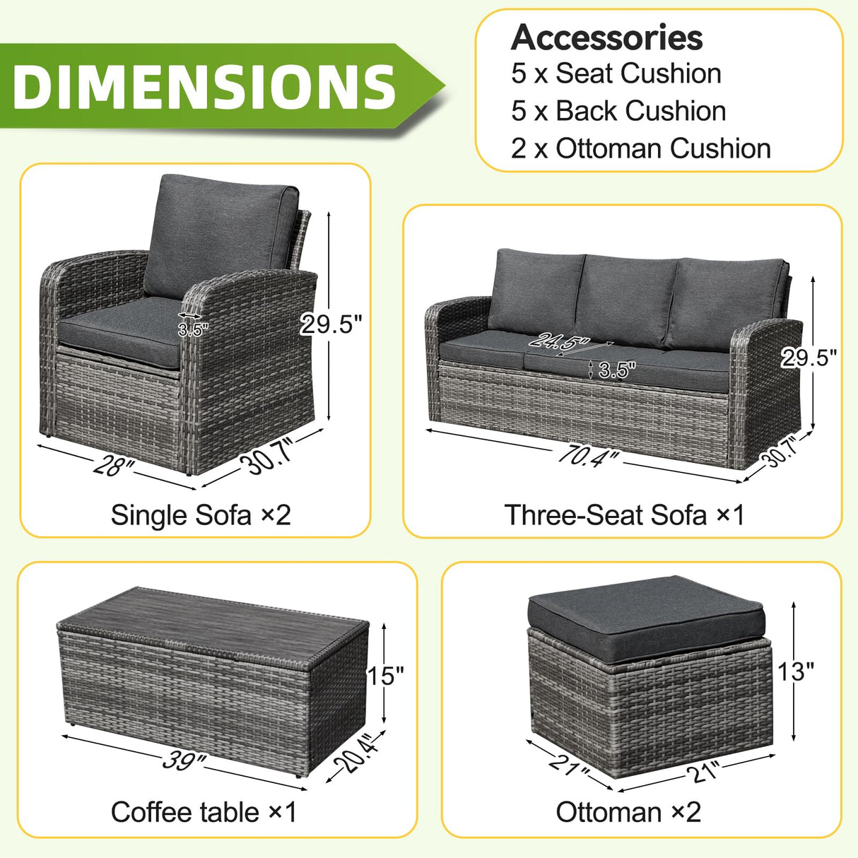 Suvivityse 6 Pieces Patio Furniture Set Sectional Rattan Wicker Outdoor Conversations Sets with Table and Ottomans for Garden, Poolside, Backyard (Grey) Suvivityse